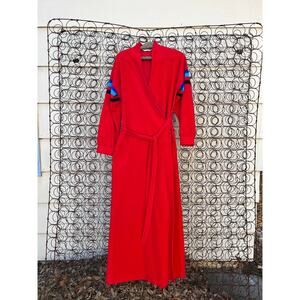 Vanity Fair red blue fleece velvet color block long bathrobe house coat SMALLa